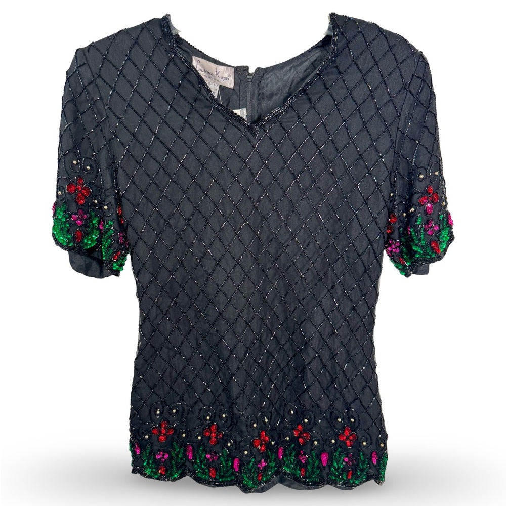 NWT Laurence Kazar Special Occasion Short Sleeve 100% Beaded Silk Top